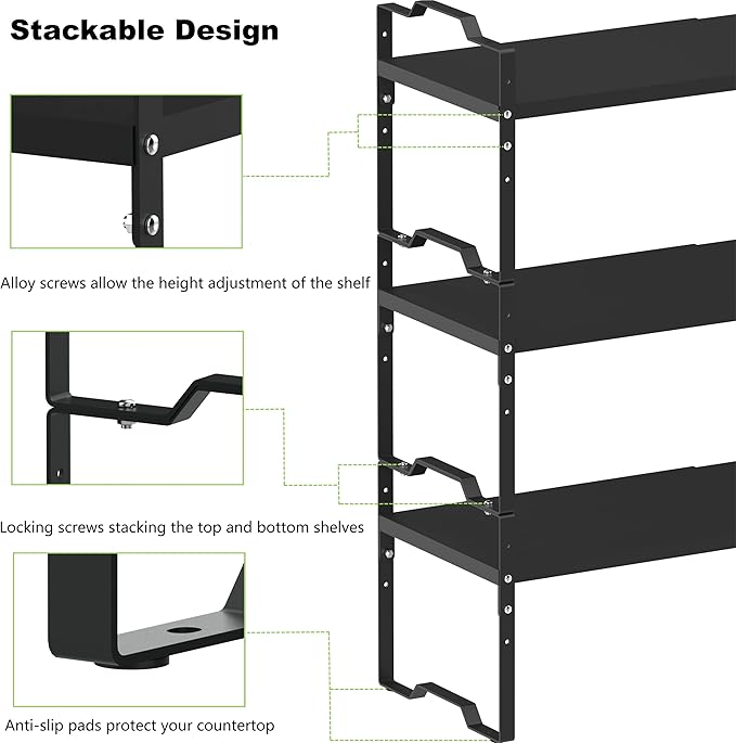 Expandable Shelf for Cabinet Organizer Adjustable Stackable Spice Rack at Kitchen and Bathroom more, Counter Countertop Cupboard Organization Pantry Storage(MEDIUM/2PACKS/BLACK)