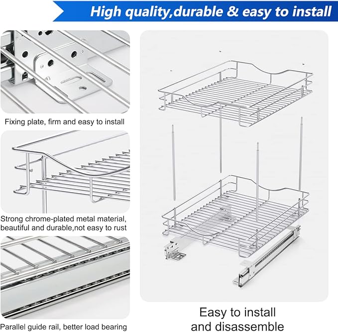 FULGENTE Chrome Finish Pull Out Drawer Cabinet Organizer 2 Tier (14" W X 18" D) Sliding Drawers For Kitchen Cabinets Cookware Organizer Drawer For Cabinet Slide Out Shelves