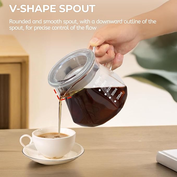 Pour Over Coffee Maker 600ml Borosilicate Glass Drip Coffeemaker Server Set with 100pcs V60 Cone Paper Filters Walnut Collar Glass Lid Clear Hand Brew Dripper Carafe for Home Camping Travel 20.29oz