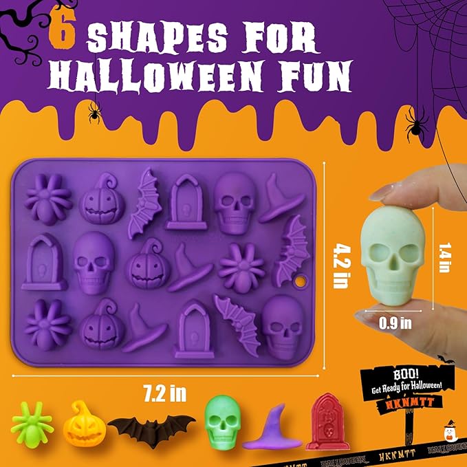 Halloween Molds Silicone for Chocolate 2 Pack, 3D Halloween Chocolate Candy Gummy Mold Skull Pumpkin Bat Ghost Witch Hat Spider tombstone Shapes Mold