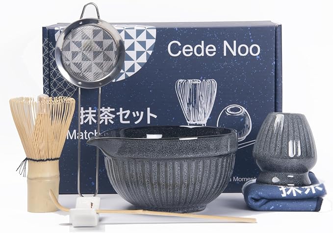 Matcha Whisk Set, Ceramic Matcha Bowl with Spout, Bamboo Whisk, Scoop, Ceramic Holders, Stainless Sifter, Towel, Perfect 7pcs Matcha Starter Kit for Tea Ceremony, Japanese Tea Making Tools (Grey)