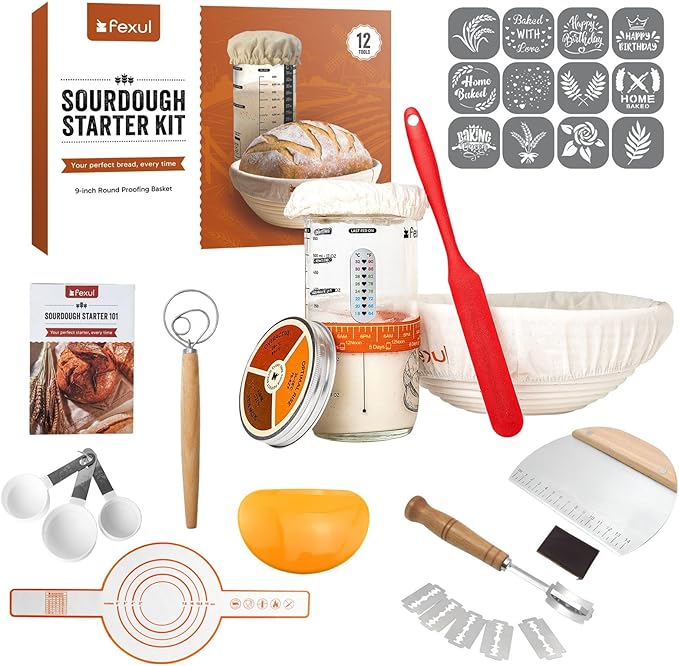Sourdough Starter Kit with 9 Inch Banneton Bread Proofing Basket, 24oz Starter Jar & Recipe Book – Complete Sourdough Bread Baking Supplies Set with Dough Whisk & Scraper for Artisan Home Bakers