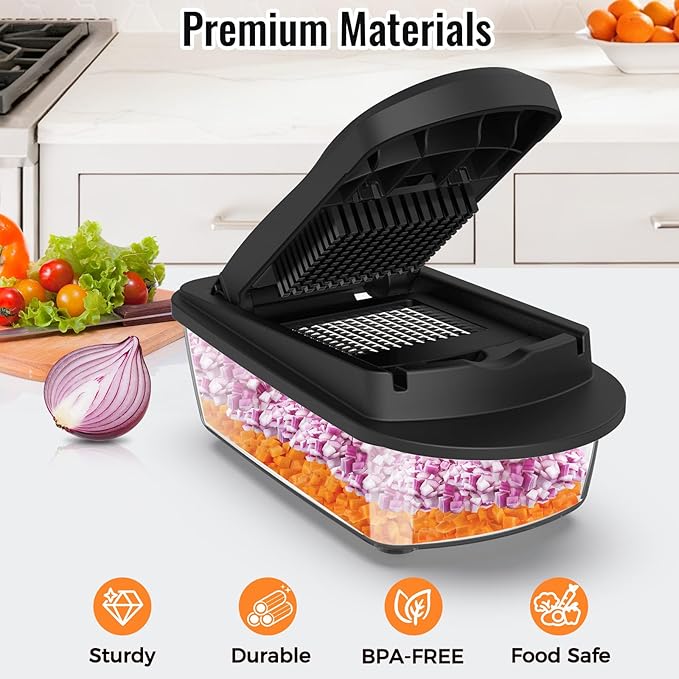12 Blade All-in-1 Vegetable Chopper Mandoline Slicer with Container, Spiralizer with Contianers, Food Chopper, Onion Chopper, Veggie Cutter for Salad, Kitchen Gadgets Accessories Essentials, Black