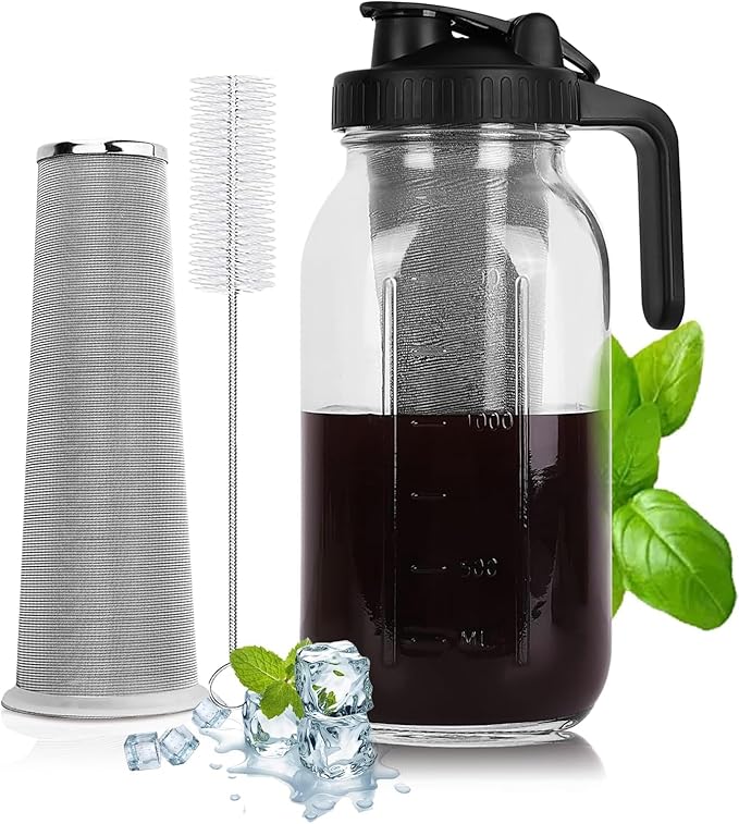 Cold Brew Coffee Maker - 64 Oz Heavy-Duty Glass Mason Jar Pitcher with Stainless Steel Filter, Leak-Proof Lid, Ergonomic Handle & Precision Pour Spout – Ideal for Iced Coffee, Tea, Cold Brew (Black)