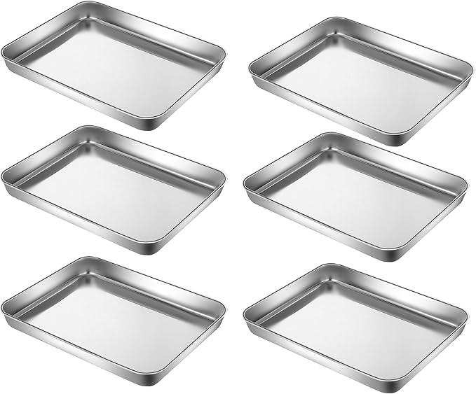 Extra Small Baking Sheet Pans Stainless Steel 304 Tiny Little Serving Tray 9.3 x 6.9 x1.1Inch (Diagonal 10.63) Dishwasher Safe No Rust Reheat Food for 1~2 Person 6 Pack