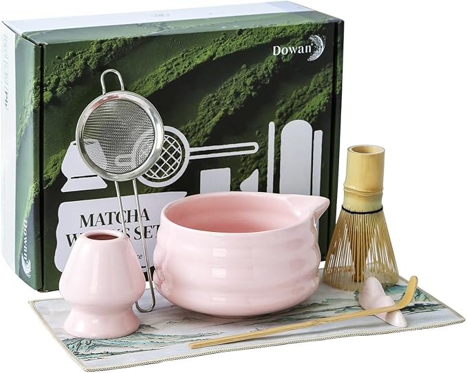 DOWAN Matcha Whisk Set, 7 Pcs Matcha Set Includes Bowl with Spout, Whisk and Holder, Bamboo Scoop and Holder, Sifter and Tea Towel - 7 Pcs Matcha Kit Gift for Lovers Beginners, Christmas (Pink)