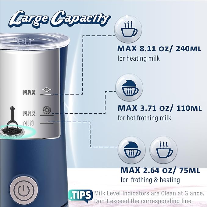 Huogary Milk Forther Simple Milk Frother and Steamer 2-in-1 Milk Steamer with Hot Milk Foam and Hot Milk for Latte, Macchiato, Cappuccinos, Blue