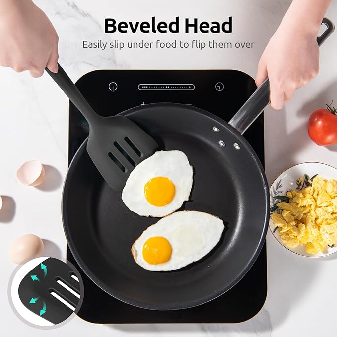 600ºF Heat Resistant Slotted Turner: U-Taste 13.6in Silicone Kitchen Spatula Flipper, 3.74in Wide Food Grade Flexible Thin Rubber Cooking Utensil for Egg, Pancake, Cookie in Nonstick Cookware (Black)