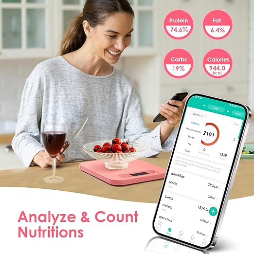 Smart Food Scale for Weight Loss, Digital Food Scale Grams and Ounces with Nutritional Calculator, Food Weight Scale for Diet, Keto, Macro, Calories Counting, Meal Prep 0.1oz/11lb (Pink)