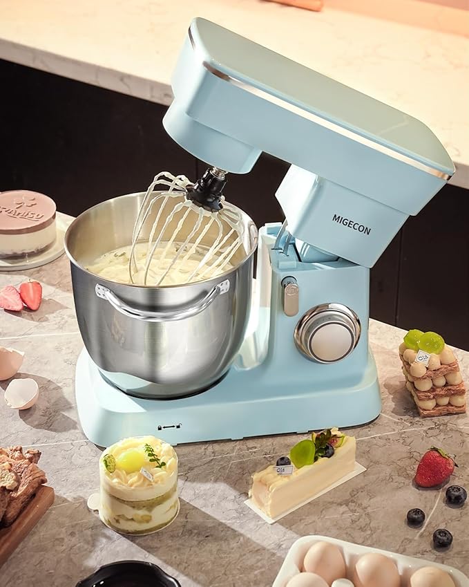 MIGECON Stand Mixer,Electric Food Mixer, Dough Hook, Flat Beater Attachments, Splash Guard 10 Speeds with Whisk, 5.26 QT Blue