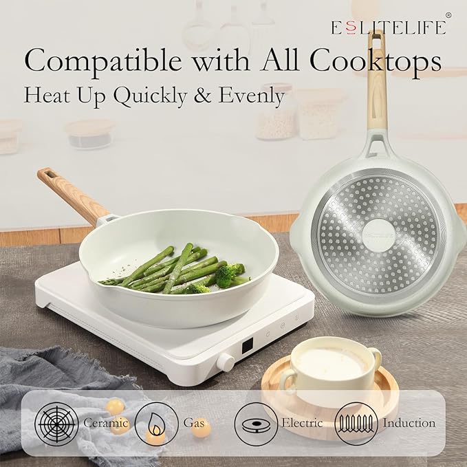 ESLITE LIFE Frying Pans Set with Lids Nonstick Skillets Set Egg Omelette Pans, Healthy Ceramic Coating Cookware Chef's Pan, Compatible with All Stovetops, PFOA Free (White,7-Piece)