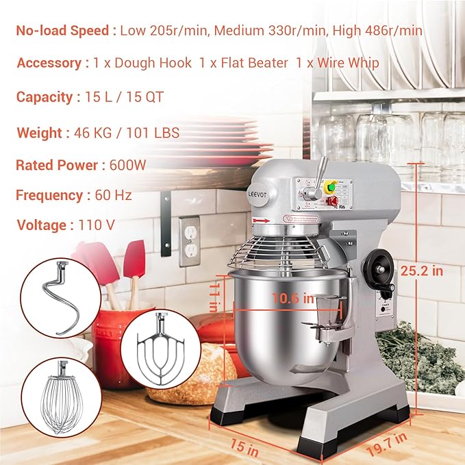 15 QT Bread Mixer, Commercial Industrial Grade Food Stand Mixer with Stainless Steel Bowl and 3 Types of Mixing Tools, Built for Professional Baking: Effortlessly Handles Large Recipes