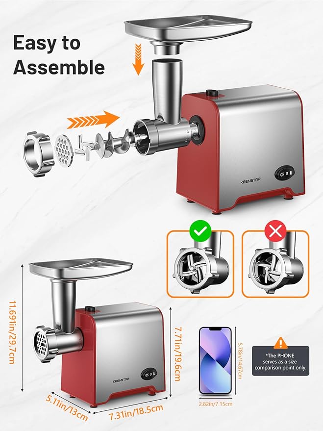 KEENSTAR Electric Meat Grinder, Sausage Stuffer Maker 450W Food Grinder with Blade & 3 Plates, Sausage Stuffer Tubes & Kubbe Kit, Stainless Steel Meat Mincer Machine for Home Kitchen Use (Red)