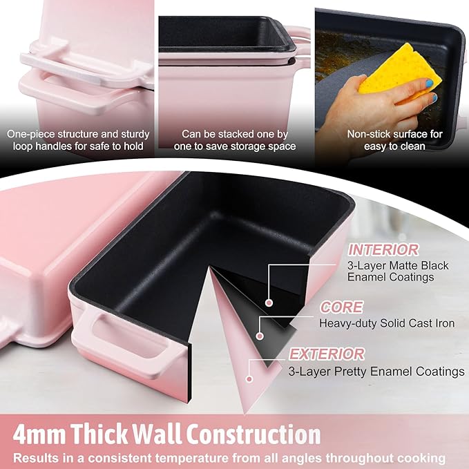 P&P CHEF 2 In 1 Enameled Cast Iron Loaf Pan with Lid, 9 x 5 Inch Bread Loaf Pans for Baking Homemade Sourdough Bread, Meatloaf, Toast, Cake, Nonstick & Healthy & Sturdy, 2 Piece Set - Pink
