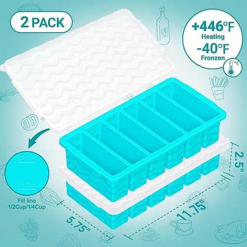 1/2 Cup Silicone Freezer Molds with Lid, 2-Pack Silicone Freezer Trays for Soup, Sauce & Broth – Meal Prep Containers, Large Ice Cube Tray, Oven & Dishwasher Safe