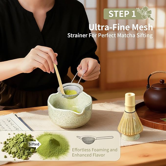 Matcha Whisk Set - Complete 8-Piece Japanese Tea Making Kit With Ceramic Bowl (Chawan), Bamboo Whisk (Chasen), Sifter, Scoop, Holder & Guide - Ideal Gift For Tea Enthusiasts (Mottled Green)