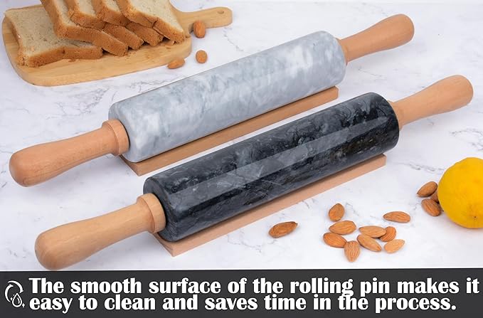 Marble Rolling Pin Set with Silicone Pastry Mat,Pastry Brush,Cooking Tongs,Stainless Steel Scraper18.5 inch Polished Non-Stick Roller for Pizza Dough,Fondant,Pie Crust(Gray White)