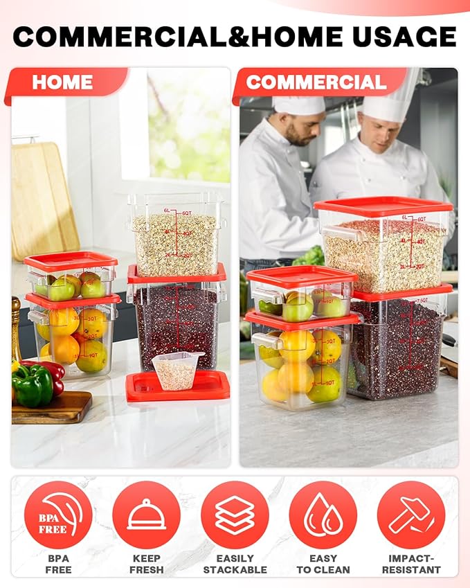 2QT4QT NSF Food Storage Containers: 6PCS [Food Grade][Hot&Cold Resistant] Commercial Clear Food Storage Containers with Lids for Restaurant Kitchen Proof Dough, Measuring Spoons Included(Red)