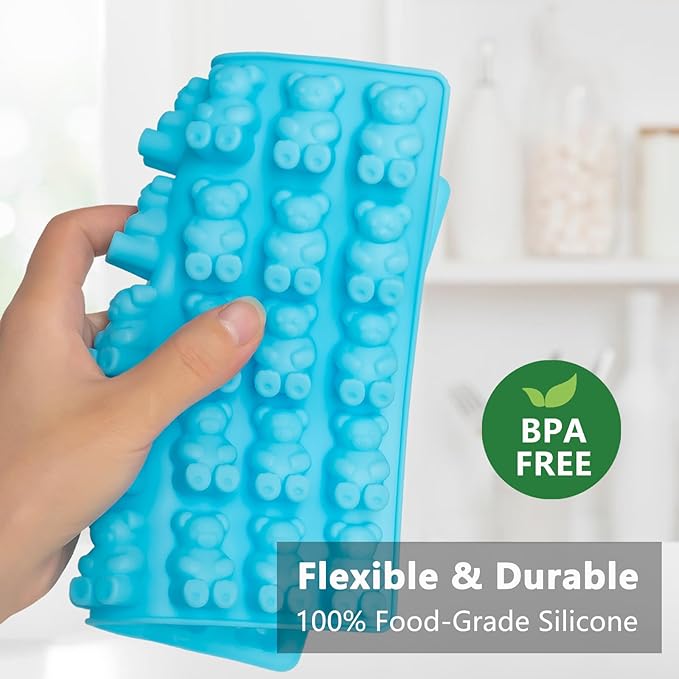 Large Gummy Bear and Worm Molds Silicone, Food-Grade Non-Stick Candy Molds Fruit Snacks Molds BPA Free with 2 Droppers & 1 Cleaning Brush, Set of 4