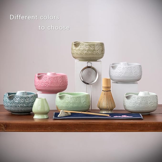 Matcha Whisk Set, Ceramic Matcha Kit Set Includes Matcha Bowl, Matcha Whisk and Holder, Bamboo Scoop, Scoop Rest, Sifter and Tea Towel - 7 Pcs Matcha Kit for Matcha Lovers (Pink)