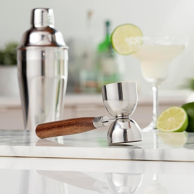 True Double Jigger with Acacia Handle, Bar Supplies, Drink Tools, Craft the Perfect Cocktails, 1oz & 1.25oz Capacities, Stainless Steel