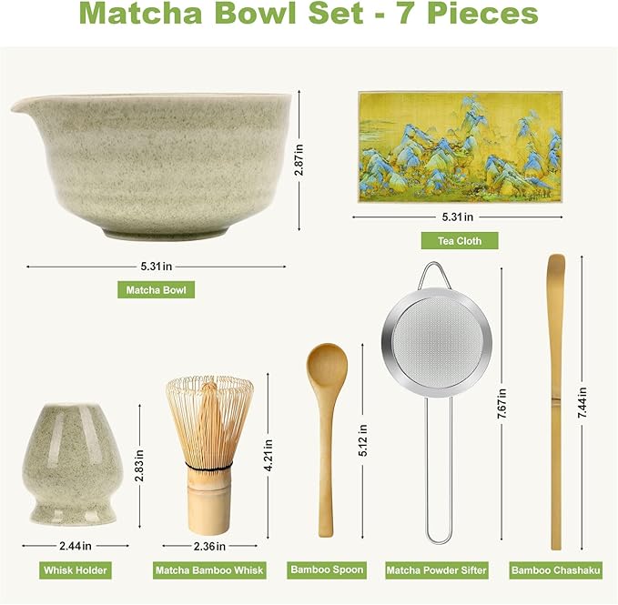 Green Matcha Whisk Making Set - Japanese Tea Kit with Whisk Bowl and Bamboo Scoop Ceramic Chawan with Spout for Traditional Tea Ceremony Complete Matcha Making Tools Gift for Tea Lovers (Green, 7 PCS)