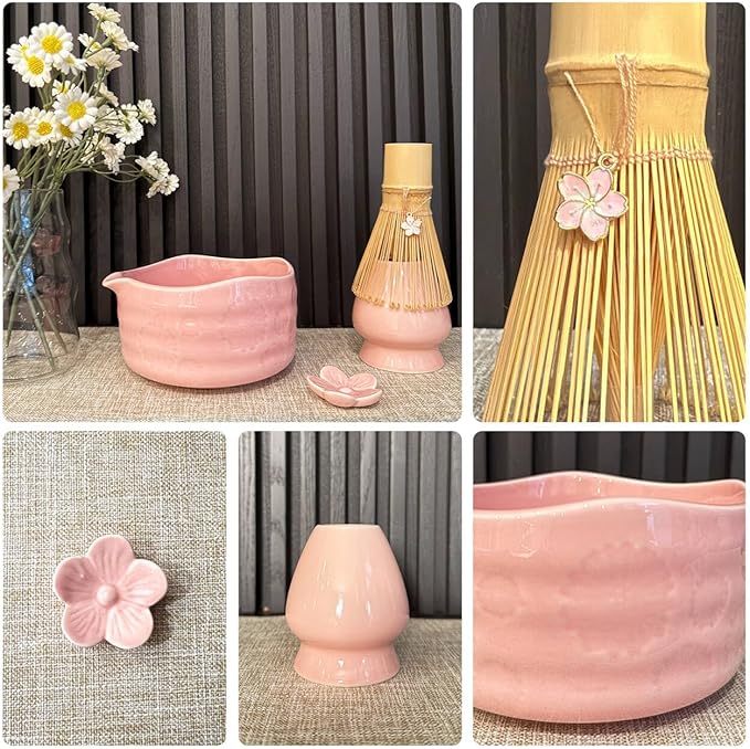 Matcha Set–7-Piece Set Including Matcha Bowl with Spout, Whisk, Chasen Holder, Sifter, Bamboo Scoop,Scoop Stand,wood spoon(Daisy Pink)–Perfect for Matcha Lovers&Tea Ceremonies