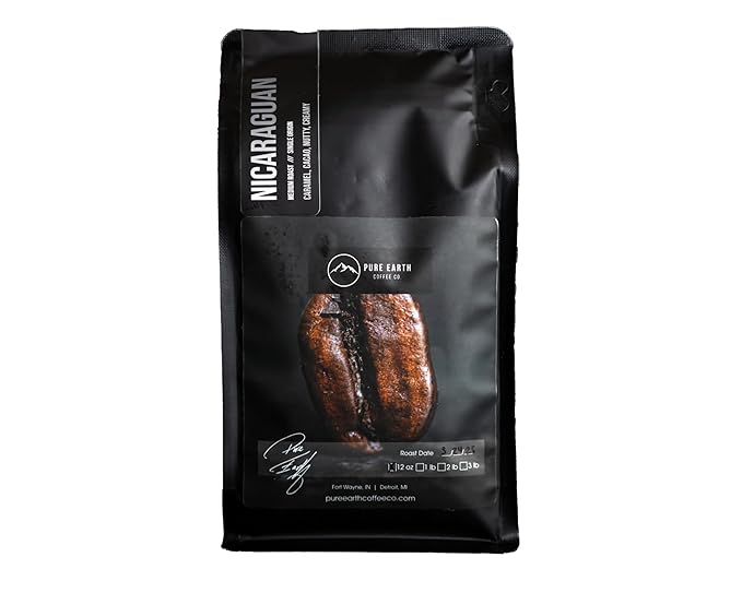 PURE EARTH COFFEE CO. Whole Bean Coffee, Nicaragua Single-Origin Beans, Medium Roast, Low Acid Gourmet Specialty Grade Coffee, Caramel, Chocolate, Nutty Flavor Notes 12oz