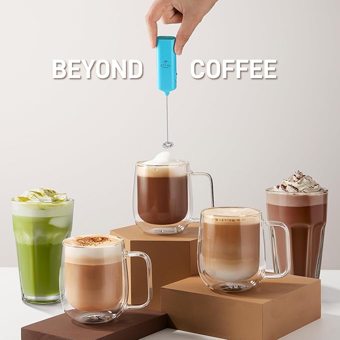 Mini & Mighty Milk Frother Wand – Powerful Handheld Coffee Frother, Battery Operated Drink Mixer – Compact Pocket Size – Detachable Whisk for Latte, Cappuccino, Matcha, Hot Chocolate – Sky Blue