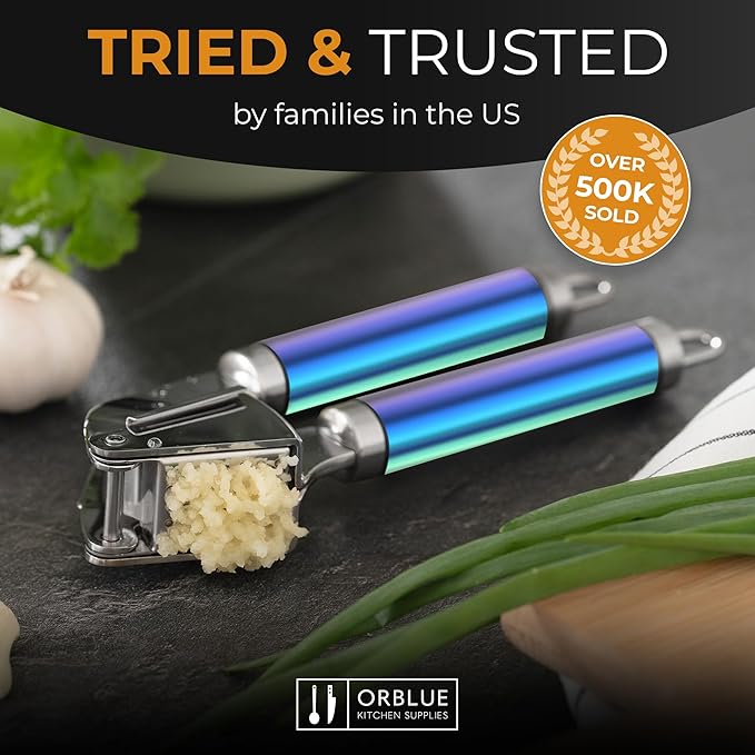 ORBLUE Garlic Press Stainless Steel - Premium Professional Grade Garlic Mincer, Crusher & Peeler Set - Easy Clean, Dishwasher Safe & Rust-proof, Multi-colored