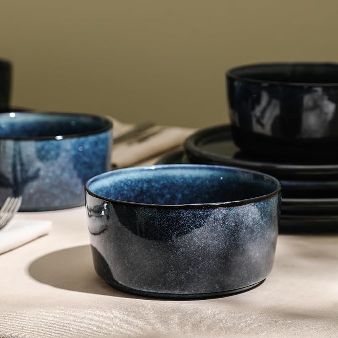 Stone Lain Eden 12-Piece Dinnerware Set Stoneware, Plates and Bowls Set, Dishwasher and Microwave Safe Dish, Dish Set for 4, Dark Blue