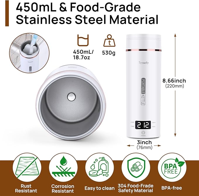Portable Electric Kettle – Plug-in with Travel Bag, 450mL 304 Stainless Steel, 4 Preset Temp, Rapid Boiling, Auto Shut-Off & Boil-Dry Protection, Home Office Hotel Caravan Dorm Business Trip