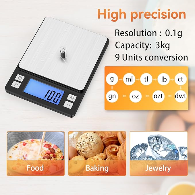 BOMATA Upgraded Small Food Scale, 0.1 g/0.001 oz High Precision, 3000 g/6.6 lb, with New Hold Function and Larger Display, USB Rechargeable, Digital Kitchen Scale for Small Item, Jewelry. Black