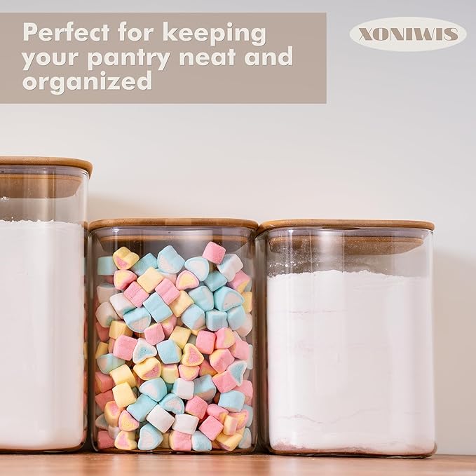 115oz 2PCS Large Glass Food Storage Containers of Wide Mouth Storage Containers with Tight Lids Square Glass Jars for Flour and Sugar, Cereal, Rice, Pasta, Oats, Wheatmeal, Coffee, Niblet
