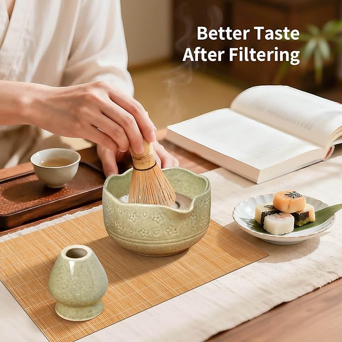 Matcha Whisk Set - Complete 8-Piece Japanese Tea Making Kit With Ceramic Bowl (Chawan), Bamboo Whisk (Chasen), Sifter, Scoop, Holder & Guide - Ideal Gift For Tea Enthusiasts (Mottled Green)