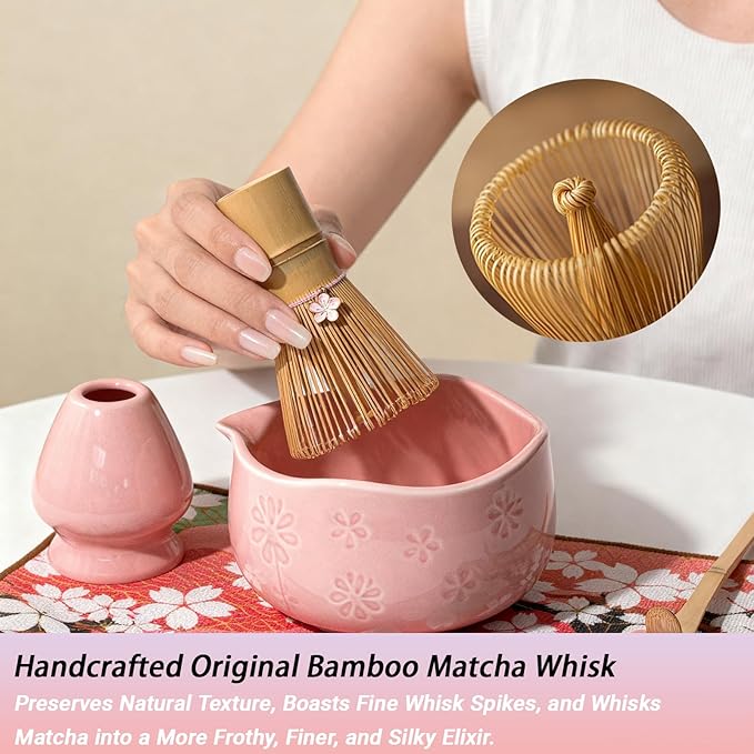 8 Pcs Matcha Whisk Set, Ceramic Matcha Bowl, Whisk and Holder, Bamboo Scoop and Powder Spoon, Scoop Rest, Sifter and Tea Towel, Matcha Set with Cherry Blossom Carved Patterns for Matcha Lovers (Pink)