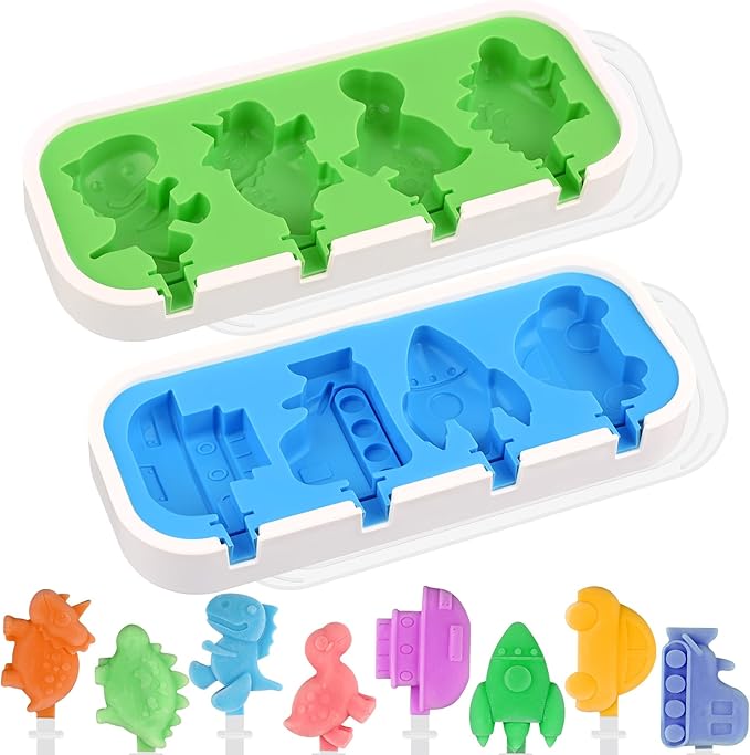 WMKGG Mini Cartoon Silicone Popsicle Molds for Kids, 2 PCS Popsicles Molds with Sticks and Lids, Stackable Small Ice Pop Mold,Rocket Dinosaur Car Ship Shape