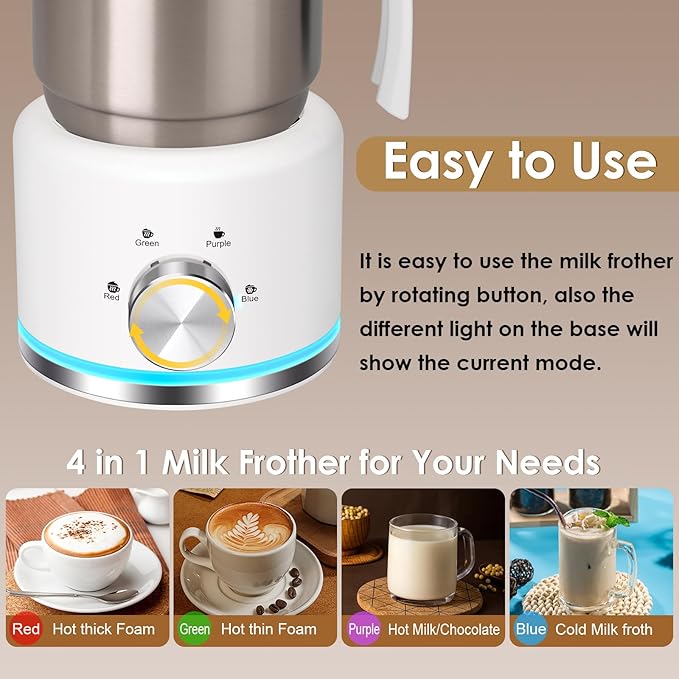 Milk Frother, 16.9 OZ Milk Frother and Steamer, 4 in 1 Electric Milk Frother Dishwasher Safe Durable Silent Frother for Coffee Hot and Cold Foam Maker (White Stainless)