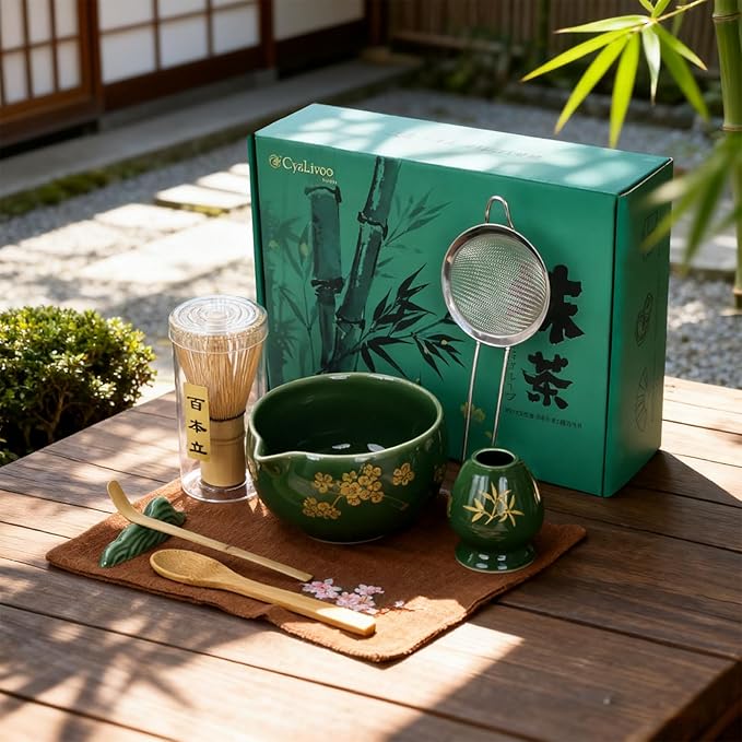 Matcha Whisk Set, Ceramic Bowl with Spout, Matcha Whisk & Holder, Bamboo Scoop & Spoon, Scoop Rest, Sifter, Towel, 8 Pcs Complete Kit for Tea Ceremony, Gift for Friend/Family(Green)