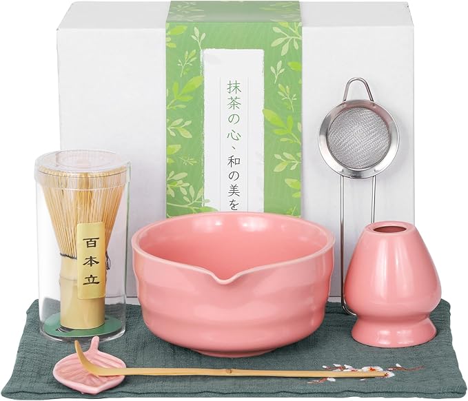 Matcha Whisk Set, Traditional Matcha Kit Includes Matcha Bowl, Bamboo Whisk with Holder, Scoop, Scoop Rest, Sifter, and Tea Cloth – 7 Piece Matcha Gift Set for Tea Enthusiasts