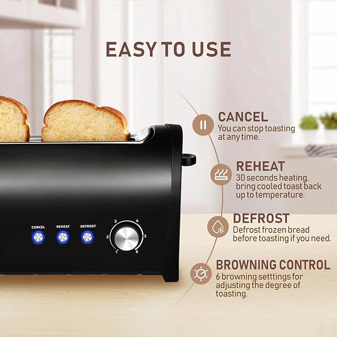 Long Slot Toaster with Cover, 2 Slice 1.65'' Extra Wide Slot Stainless Steel Toasters with Reheat Defrost Cancel Functions,6 Shade Settings, Single Slim Bread Toaster,Removable Crumb Tray,Matte Black