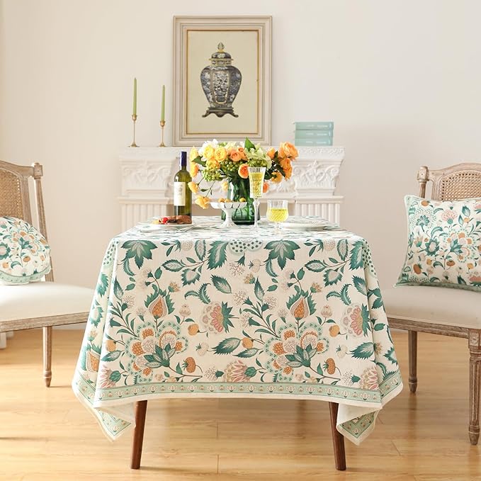 patdrea Designer Green Square Table Cloth,Vintage Italian Floral Durable Tablecloth,Country Linen Wrinkle Free Cover for Kitchen Dining,Christmas,Thanksgiving,Tea Party,67"x67"-Tree Life