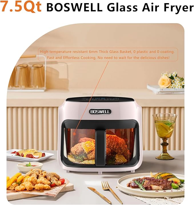 BOSWELL Glass Air Fryer, 7.5 QT with Transparent Fry Bowl, Circulating Heating, Temperature Control, Stainless Steel Air Fryer Roast, Dishwasher Safe (Pink)
