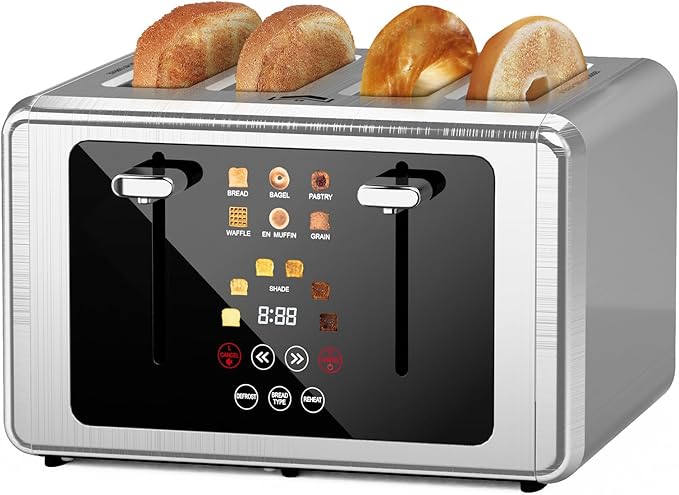 4 Slice Toaster, Touchscreen & Dual Independent Control Panel,Digital Countdown Toasters, 6 Shade Settings＆6 Bread Types, Smart Mute/Screen-Off,Silver