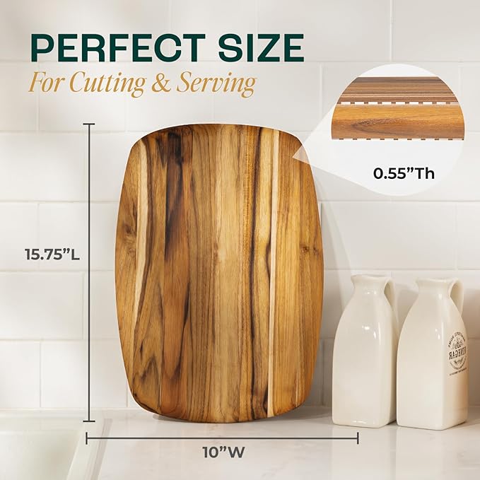 Yes4All Teak Cutting Boards for Kitchen, [16''Lx11''Wx0.6”] Easy Handle Serving Board, Pre-Oiled Teak Wood Charcuterie Board, Multipurpose use for Slicing, Serving, Decorating Wood Cutting Board