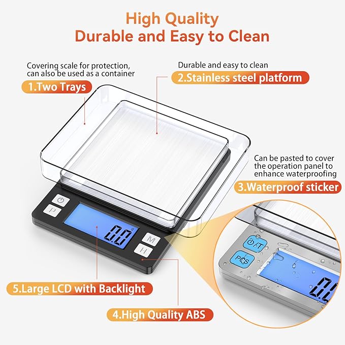 BOMATA Upgraded Small Food Scale, 0.1 g/0.001 oz High Precision, 3000 g/6.6 lb, with New Hold Function and Larger Display, USB Rechargeable, Digital Kitchen Scale for Small Item, Jewelry. Black