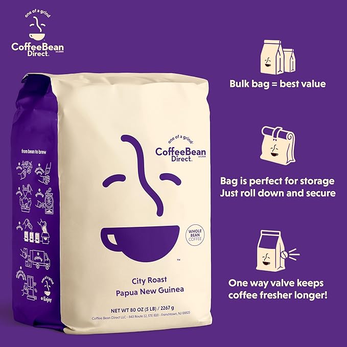 Coffee Bean Direct City Roast Papua New Guinea, Whole Bean Coffee, Arabica Coffee, Medium Roast, 5 Pound Bag (Pack of 1)