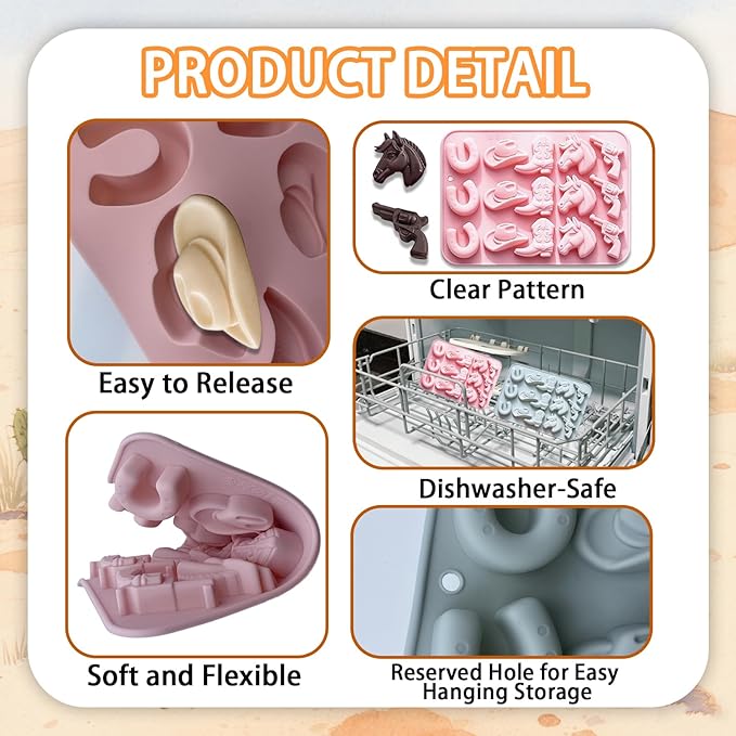 Cowboy Chocolate Molds,2PCS Cowboy Silicone Mold,Cowboys Hat Boot Horse Saddle Shape Candy Molds,Western Themed Party Baking Moulds Jello Ice Cube Candle Mold for Cupcake Cakesicle Decorations