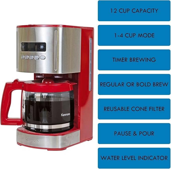 Kenmore Aroma Control 12-cup Programmable Coffee Maker, Red and Stainless Steel Drip Coffee Machine & Kenmore/Keurig/Cuisinart/Braun compatible replacement charcoal water filter 12 Pack pure