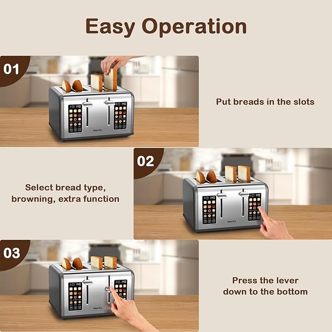 Mecity 4 Slice Toaster with Touch Screen Control, 4 Wide Slots, Stainless Steel Smart Bread Toaster for Bagels, Muffins, Waffles, Dual Control Panel, Timer, Defrost, Reheat, 120V 1650W, Pearl Grey